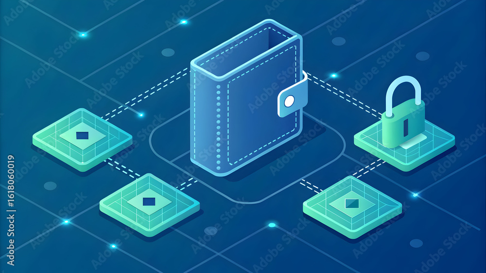 Poster blue wallet connected to glowing nodes and secure padlock blockchain digital technology, background,