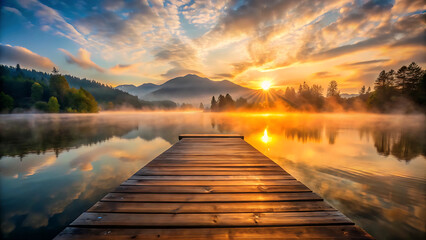Silent sunrise on foggy mountain lake seen from rocky trail with autumn colors