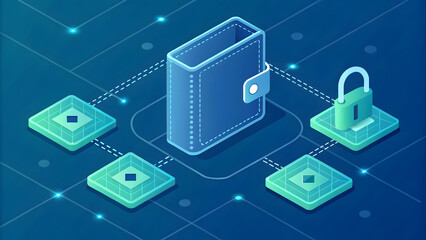 Blue wallet connected to glowing nodes and secure padlock blockchain digital technology, background, new, latest, web, ai background, futuristic hud, cyber security, neural network, data tech, ai 