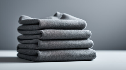 Neatly folded gray shirts create organized stack on clean surface.