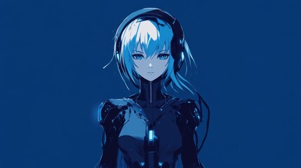 Obraz premium Stylish anime girl in futuristic, dark blue attire.
