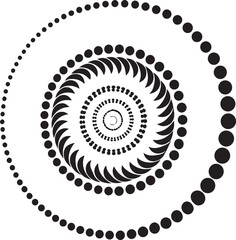 Abstract spiral design in black and white featuring concentric circles of various shapes.