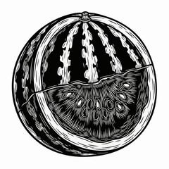 Watermelon Illustration with Detailed Cut Section for Food Blogs, Nutrition Websites, Summer Recipes, Healthy Eating Content, and Educational Materials  