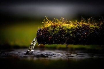 Water flows from a mossy pipe into a pond