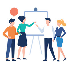 Obraz premium Creative business team collaborating during a presentation with a blank whiteboard for ideas.