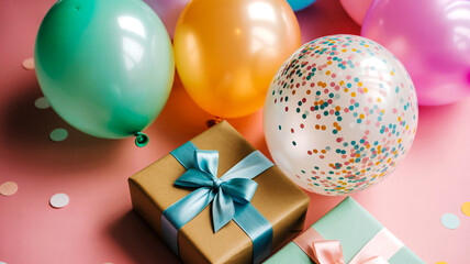 A festive party scene with pastel balloons, wrapped gifts, confetti, and ribbons on pink backdrop