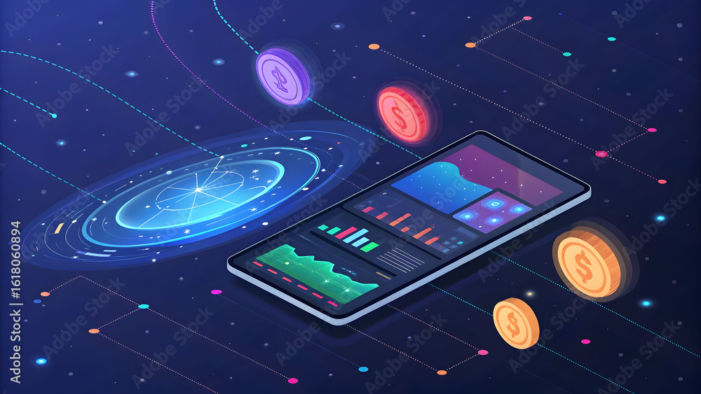 Poster digital finance interface displaying charts and cryptocurrency tokens image technology, background, 