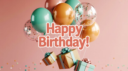 A festive party scene with pastel balloons, wrapped gifts, confetti, and ribbons on pink backdrop
