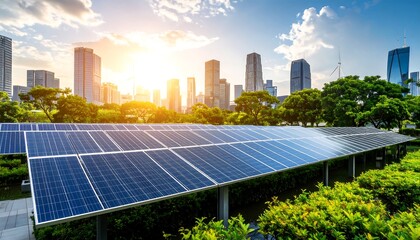 Fototapeta premium Solar panels on city skyline