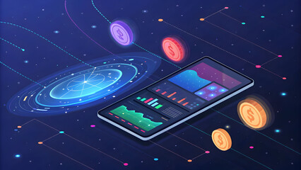 Digital finance interface displaying charts and cryptocurrency tokens image technology, background, new, latest, web, ai background, futuristic hud, cyber security, neural network, data tech, ai