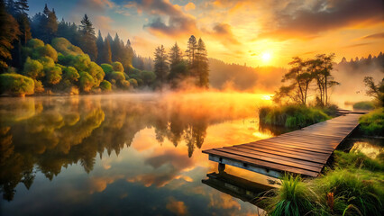 Warm coral dawn mist over still Japanese lake seen through maple trees