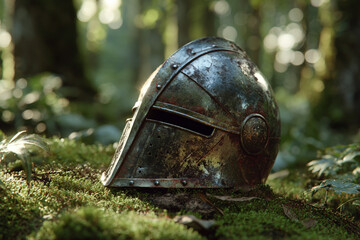 A weathered medieval knights helmet resting on mossy ground in a sunlit forest, evoking a sense of history and adventure