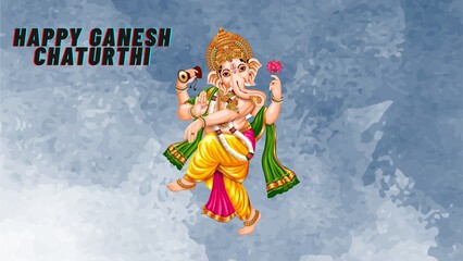 Illustrated greeting for Happy Ganesh Chaturthi featuring the Hindu deity Ganesha on a textured blue background.