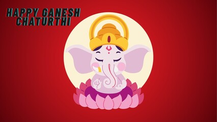Happy Ganesh Chaturthi greeting card featuring a cute illustration of Lord Ganesha meditating on a lotus against a red background.