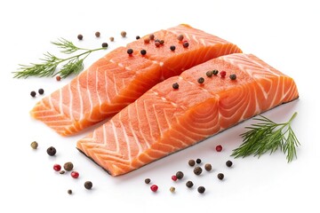 Two raw salmon fillets seasoned with peppercorns and dill isolated on white background