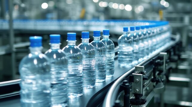 Water bottles on a conveyor belt in a bottling plant