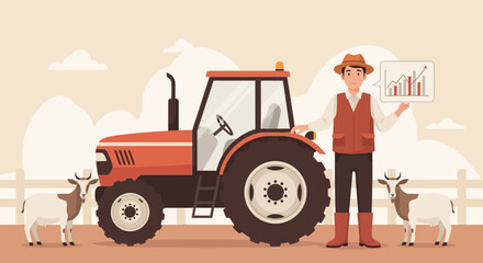 Modern Agriculture Farmer Holding Growth Chart Near Tractor And Goats © Lil