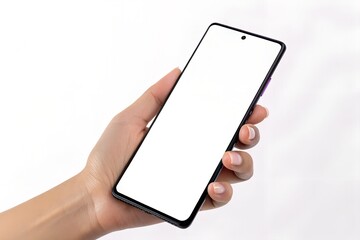 Hand Holding Modern Smartphone with White Screen Mockup

