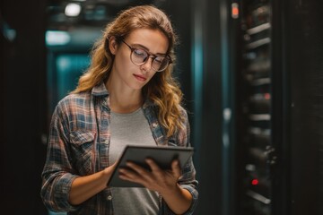 Woman working in a server room using a tablet