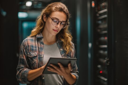 Woman working in a server room using a tablet