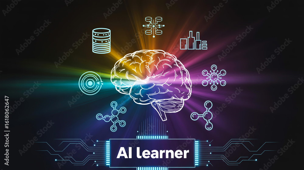 Poster a glowing brain symbolizes ai learning at the center, surrounded by neural networks on a dark backgr