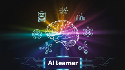 A glowing brain symbolizes AI learning at the center, surrounded by neural networks on a dark background