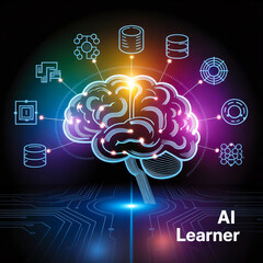A glowing brain symbolizes AI learning at the center, surrounded by neural networks on a dark background