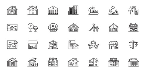 Minimalist Real Estate Icon Set – Home, Building, Shop, Construction, Property and Facility Line Icons Collection

