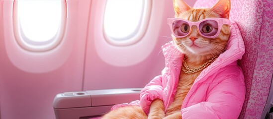 Cat in airplane wearing pink jacket, shades, gold chain, traveling in style