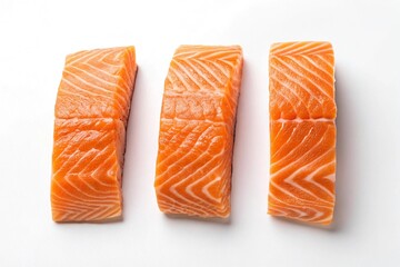 Three raw salmon fillets isolated on white background