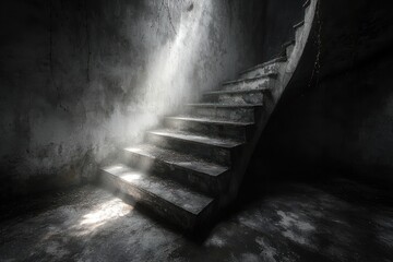 A weathered concrete staircase in a dimly lit, abandoned room, bathed in a shaft of light