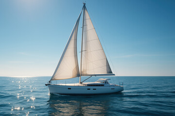 Fototapeta premium A white sailboat with large sails glides across calm blue waters under a clear sky. The sun reflects off the water's surface, creating a serene atmosphere.