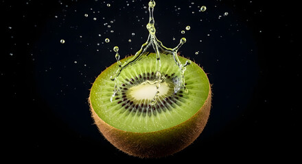 Fresh Kiwi Half with Water Splash on Black Background