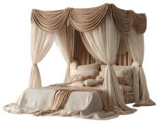 Luxurious bed adorned with a flowing canopy