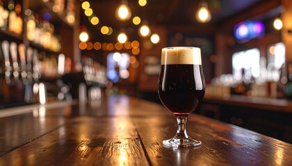 A close-up of a dark beer glass on a wooden bar in a dimly lit pub.