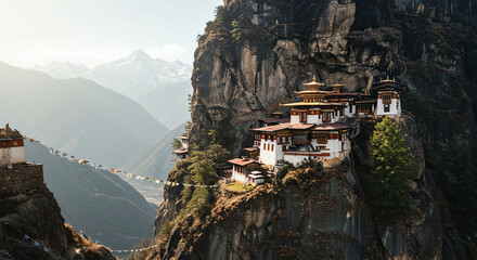 Aerial view of tiger's nest monastery perched on a cliffside with mountains in the background