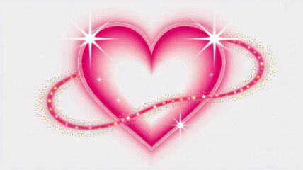 A glowing pink heart outline radiates soft neon light, centered on a clean, pure white background