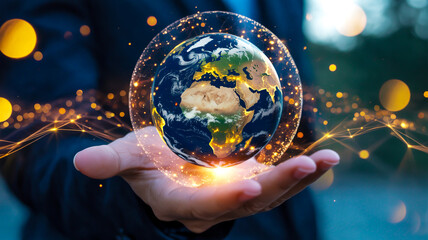 A glowing digital Earth globe floats above an open palm, symbolizing global connectivity and technological power