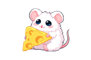 Adorable white mouse holding cheese