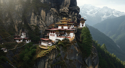 Aerial view of the tiger's nest monastery perched on a cliffside with mountains in the background