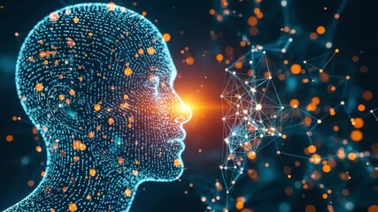 A digital representation of a human head made of glowing particles and connections symbolizing artificial intelligence and technology with a vibrant background of interconnected data points - Powered by Adobe