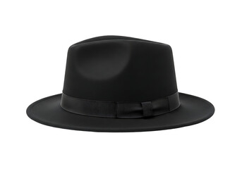 A black fedora hat with a ribbon band.