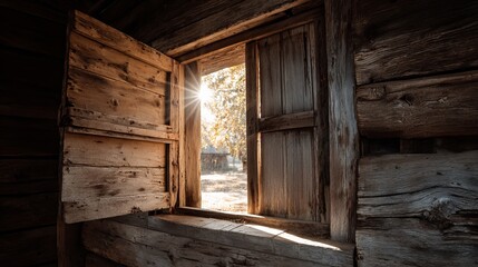 Sunlight streams through a rustic window, illuminating the weathered wooden interior of a cabin.