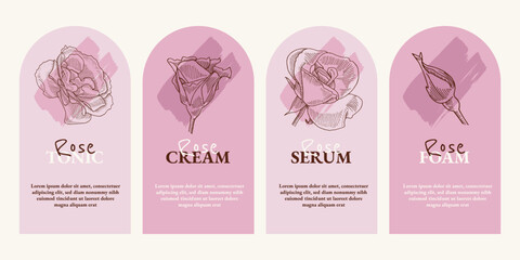 Elegant pink label set of Roses flowers. Botanical floral beauty concept. Beauty Design template of rosebud composition. Minimalistic floral hand drawn label for natural cosmetics tag. 