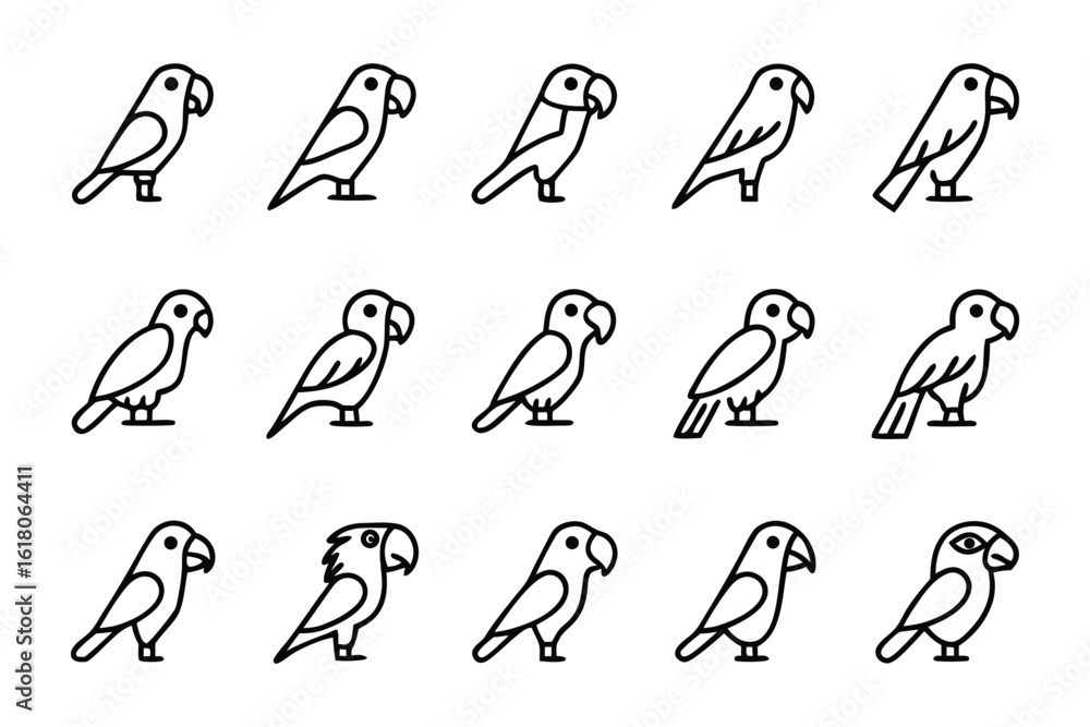 Poster array of parrot icons: collection of vector outline drawings, ideal for design projects. representin