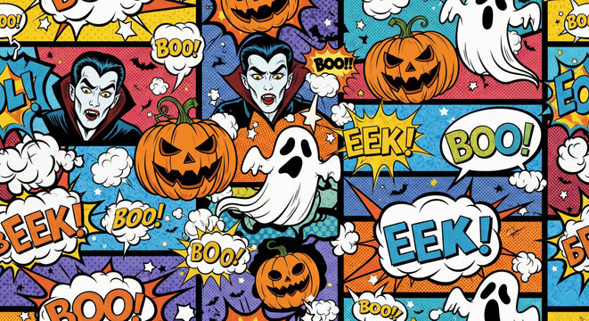 A seamless repeating pattern with a retro comic book pop art style for Halloween. The vibrant, paneled design features classic spooky characters like vampires and ghosts, along with jack-o'-lanterns.