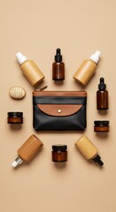 Obraz premium Flat Lay of Wooden and Leather Skincare Bottles with Grooming Pouch on Neutral Background 
