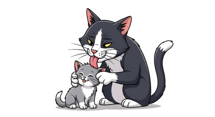 Cartoon cat grooming kitten, vector style, clean lines