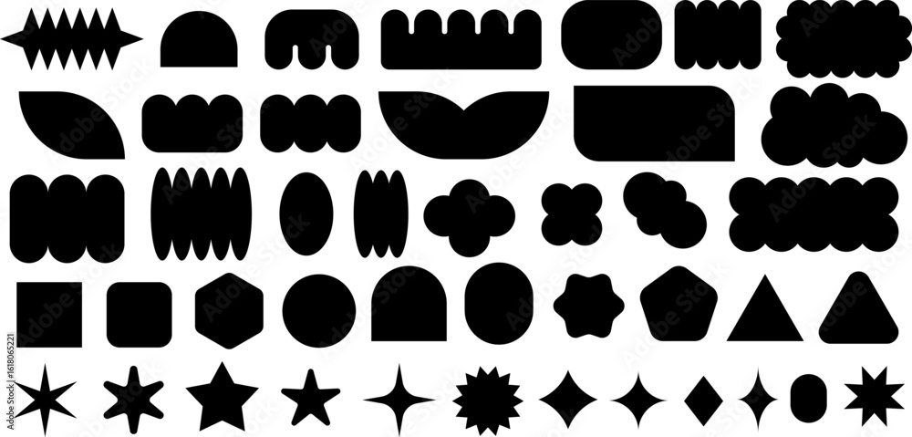 Poster set of abstract black geometric shapes, blobs, stars, and icons on transparent background. perfect f