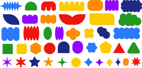 Set of multicolor abstract and geometric shapes. Great for stickers, modern design accents, kids’ graphics, or playful layout decorations